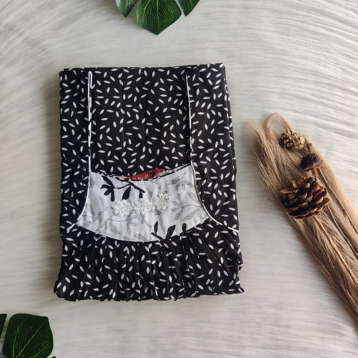 Black Leaf Printed Premium Cotton Three Flower Nighty |Free Size | Chest Width 44"| Length 54"-55"