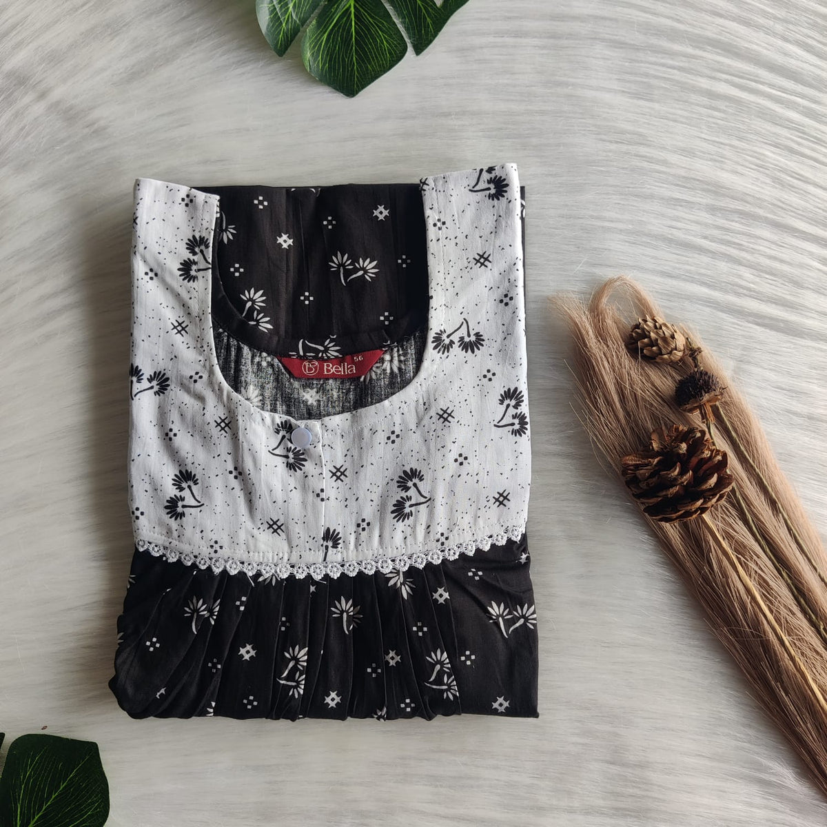 White And Black Printed Premium Cotton Lace Nighty | Free Size | Chest Width 44″| Length 54″-56″