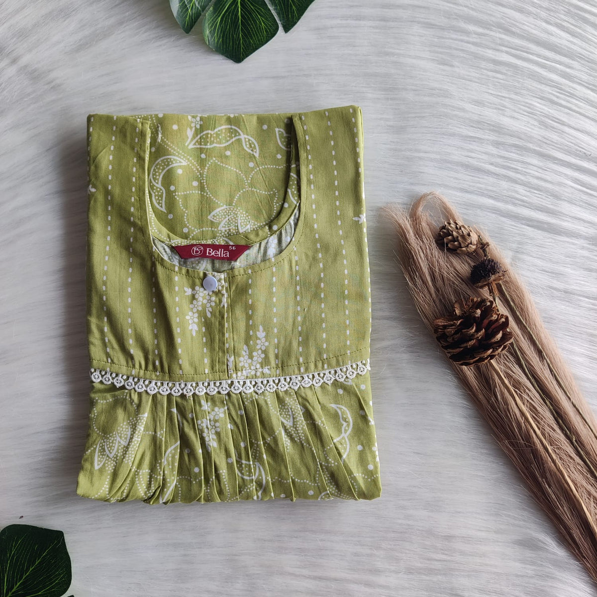 Pastel Green And White Floral Printed Premium Cotton Lace Nighty | Free Size | Chest Width 44″| Length 54″-56″