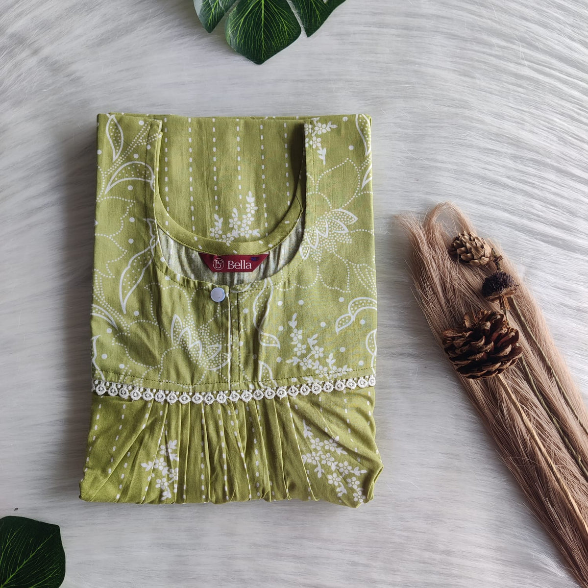 White And Green Printed Premium Cotton Lace Nighty | Free Size | Chest Width 44″| Length 54″-56″