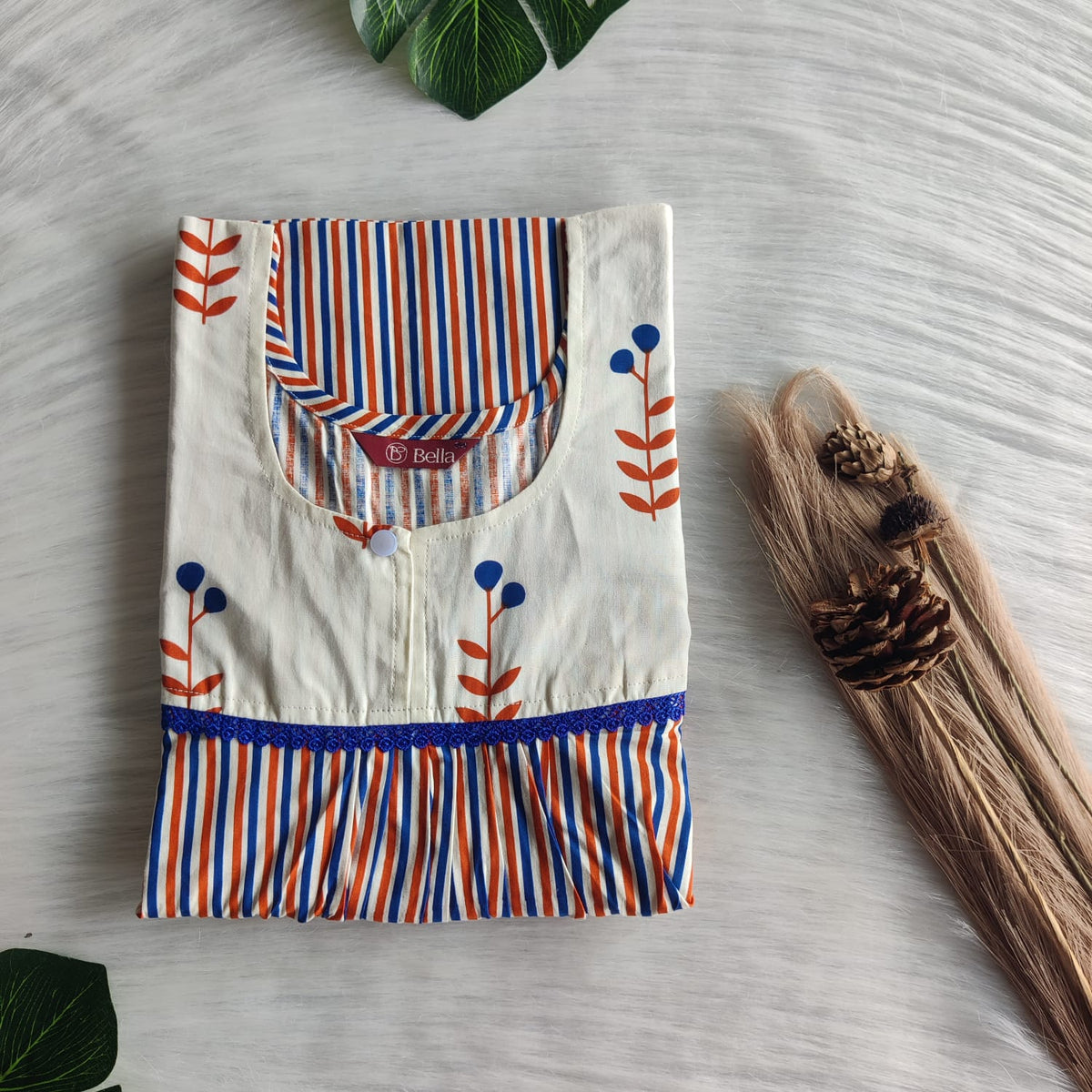 Ivory And Navy Blue Stripes Printed Premium Cotton Lace Nighty | Free Size | Chest Width 44″| Length 54″-56″