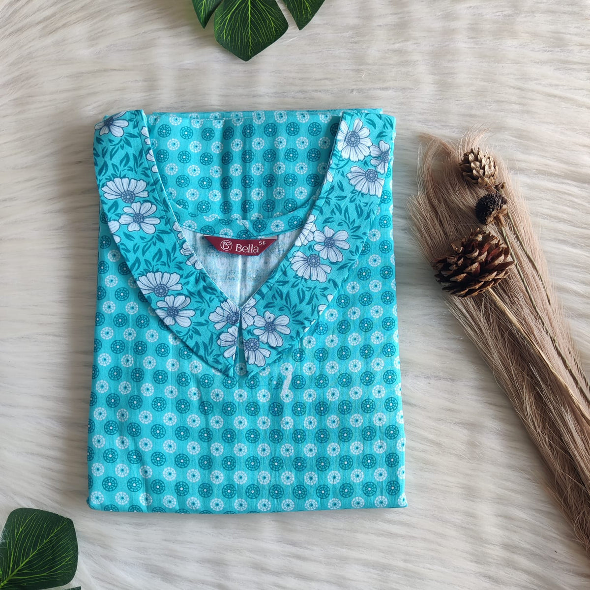 White And Blue Floral Printed Premium Cotton Peter Pan Collar Nighty | Free Size | Chest Width 44″| Length 55″-56″
