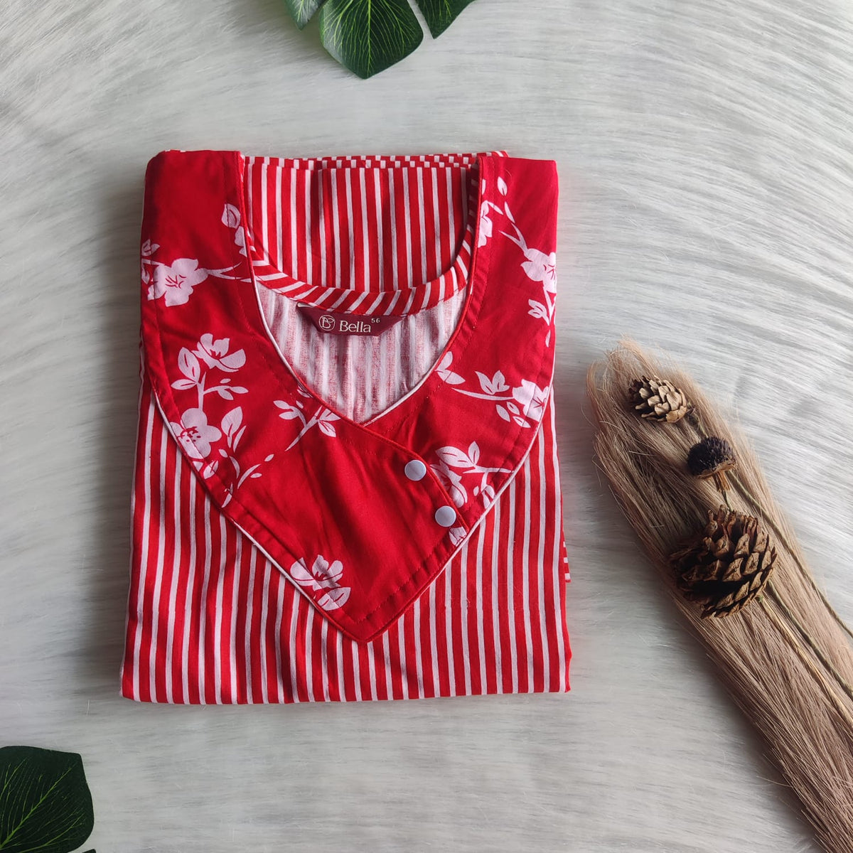 Red And White Stripes Printed Premium Cotton Side Button Nighty | Free Size | Chest Width 44″| Length 55″-56″