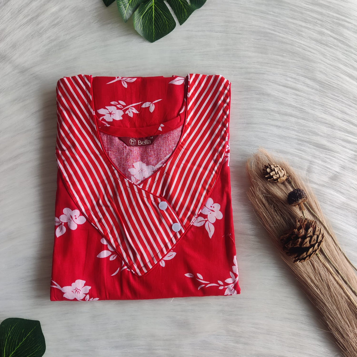 White And Red Floral Printed Premium Cotton Side Button Nighty | Free Size | Chest Width 44″| Length 55″-56″