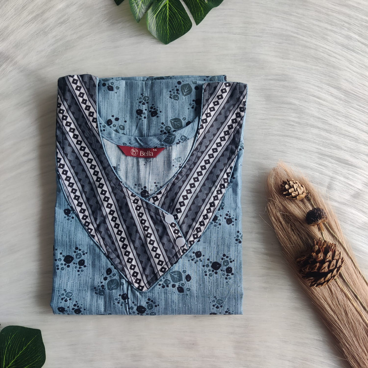 Grey And Blue Floral Printed Premium Cotton Side Button Nighty | Free Size | Chest Width 44″| Length 55″-56″