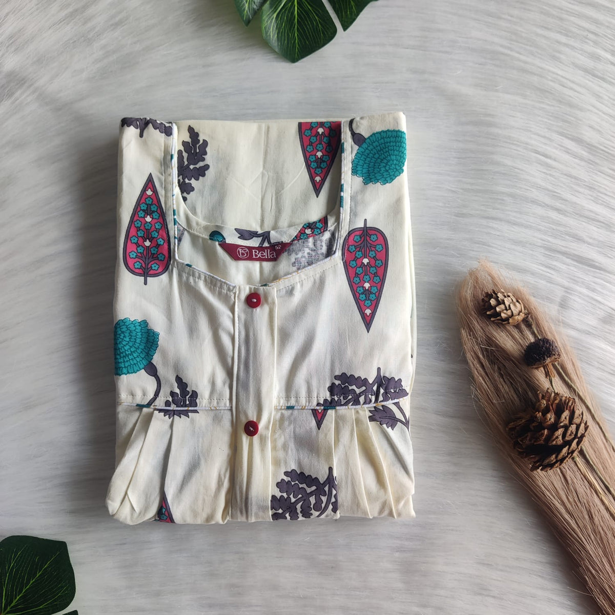 Green And Red Printed Ivory Premium Cotton Button Zip Nighty | Free Size | Chest Width 44″| Length 55″-56″