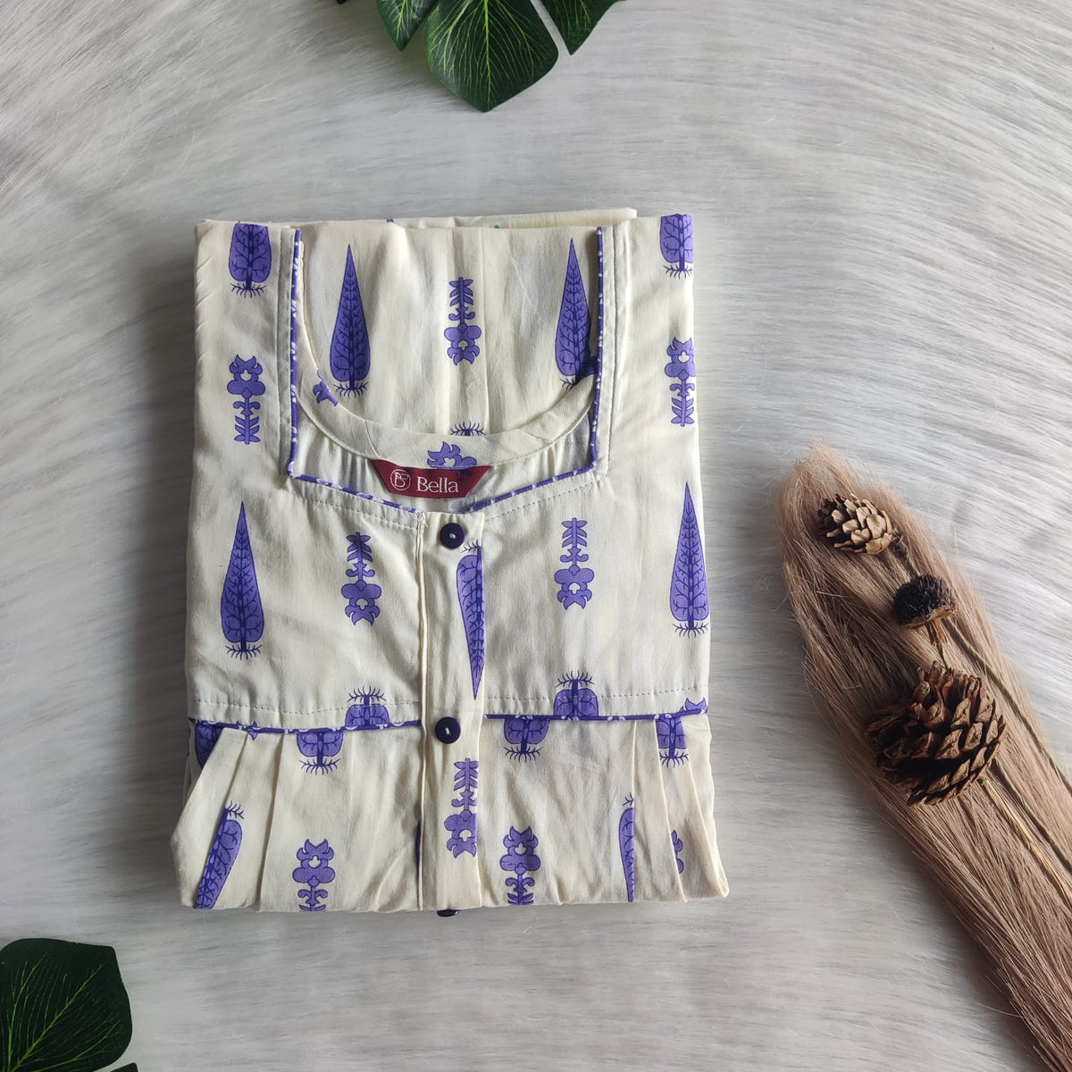 Lavender Printed Ivory Premium Cotton Button Zip Nighty | Free Size | Chest Width 44″| Length 55″-56″