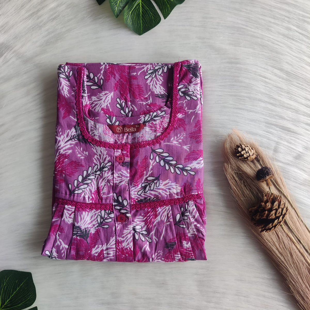 Mauve Floral Printed Premium Cotton Lace Button Nighty | Free Size | Chest Width 44"| Length 54"-56"