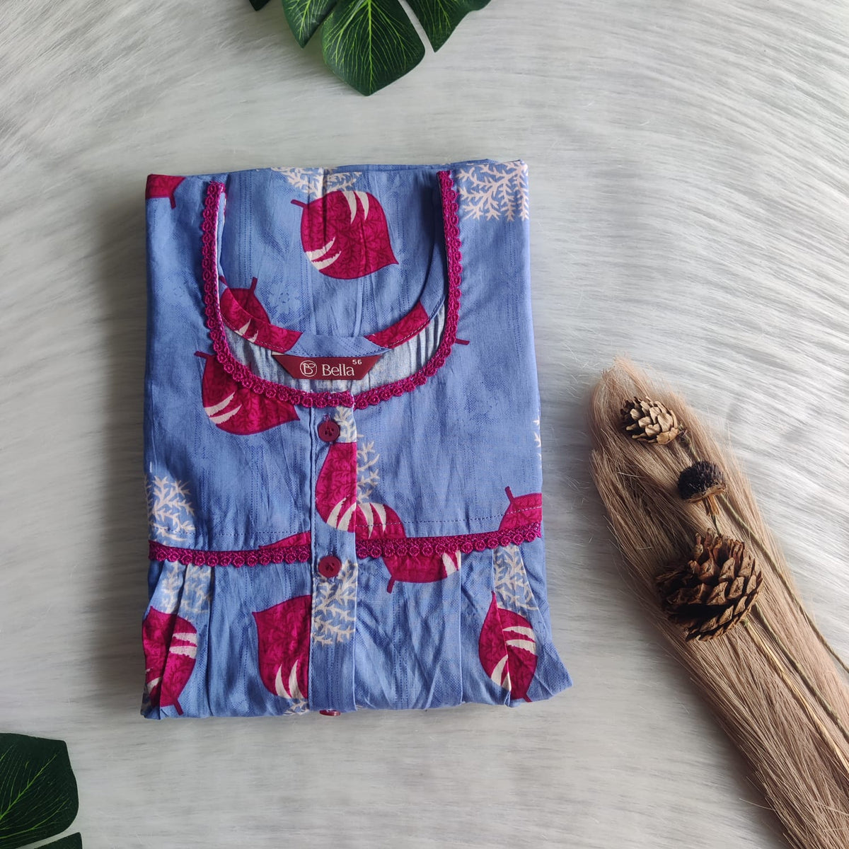 Pink Leaf Printed Blue Premium Cotton Lace Button Nighty | Free Size | Chest Width 44"| Length 54"-56"