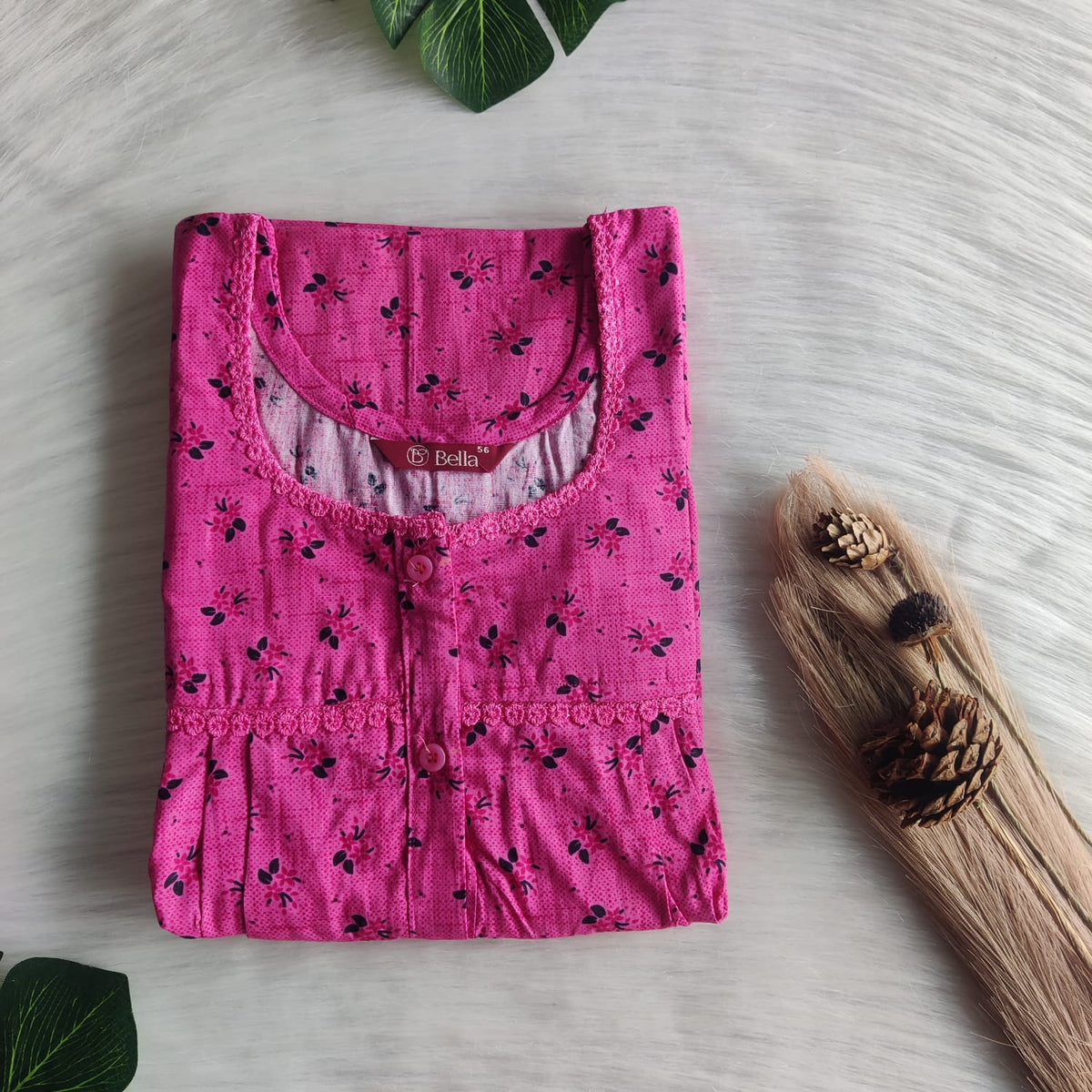 Pink Floral Printed Premium Cotton Lace Button Nighty | Free Size | Chest Width 44"| Length 54"-56"