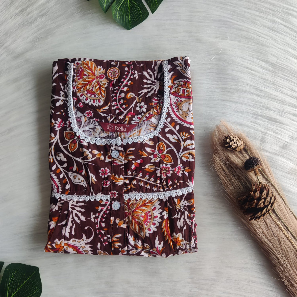 Brown Floral Printed Premium Cotton Lace Button Nighty | Free Size | Chest Width 44"| Length 54"-56"