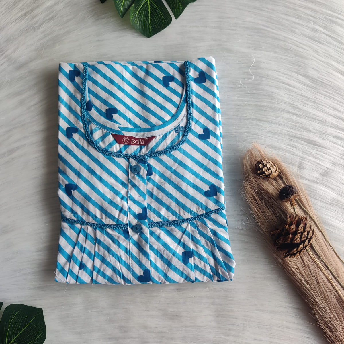 Blue Heart Printed Premium Cotton Lace Button Nighty | Free Size | Chest Width 44"| Length 54"-56"