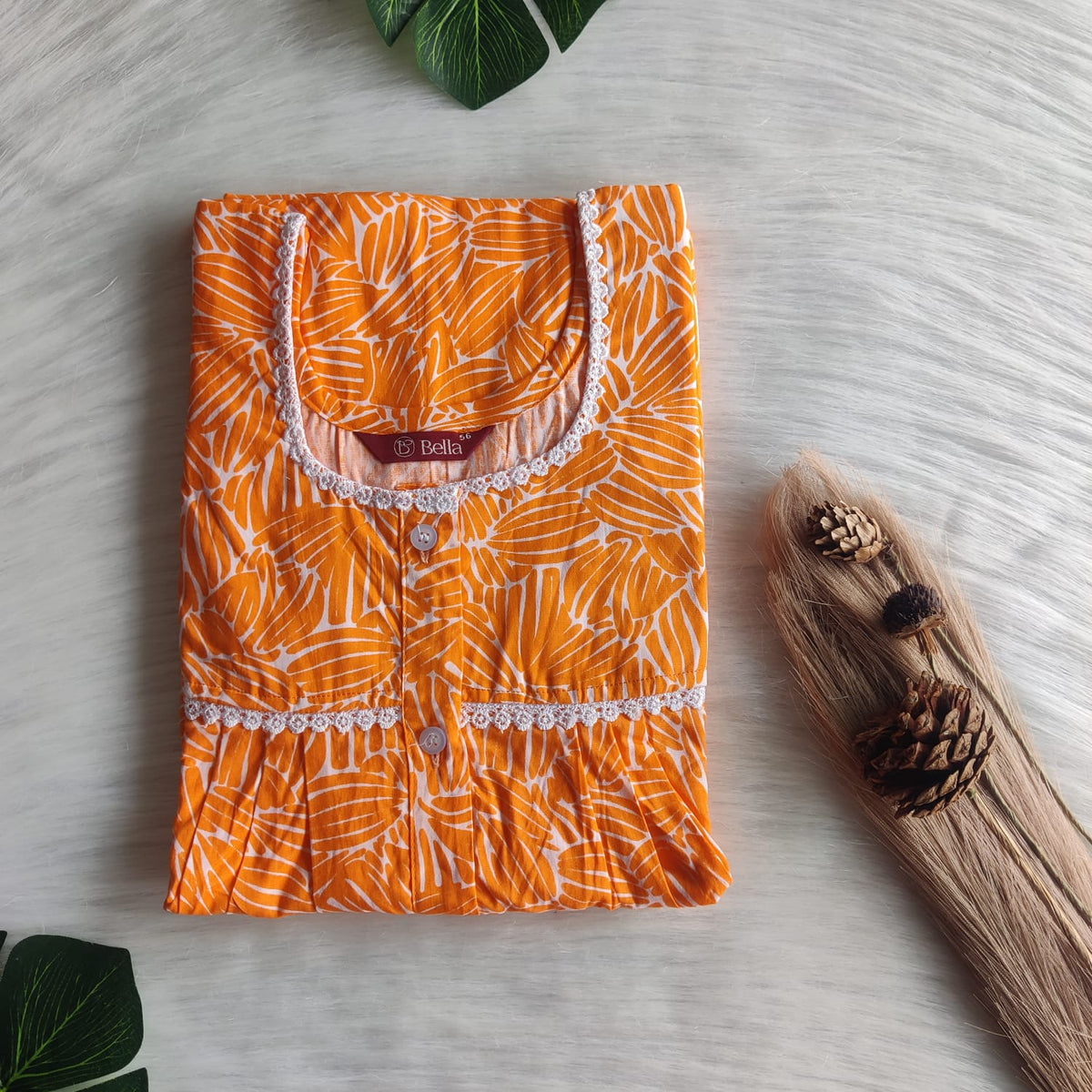 Orange Printed Premium Cotton Lace Button Nighty | Free Size | Chest Width 44"| Length 54"-56"