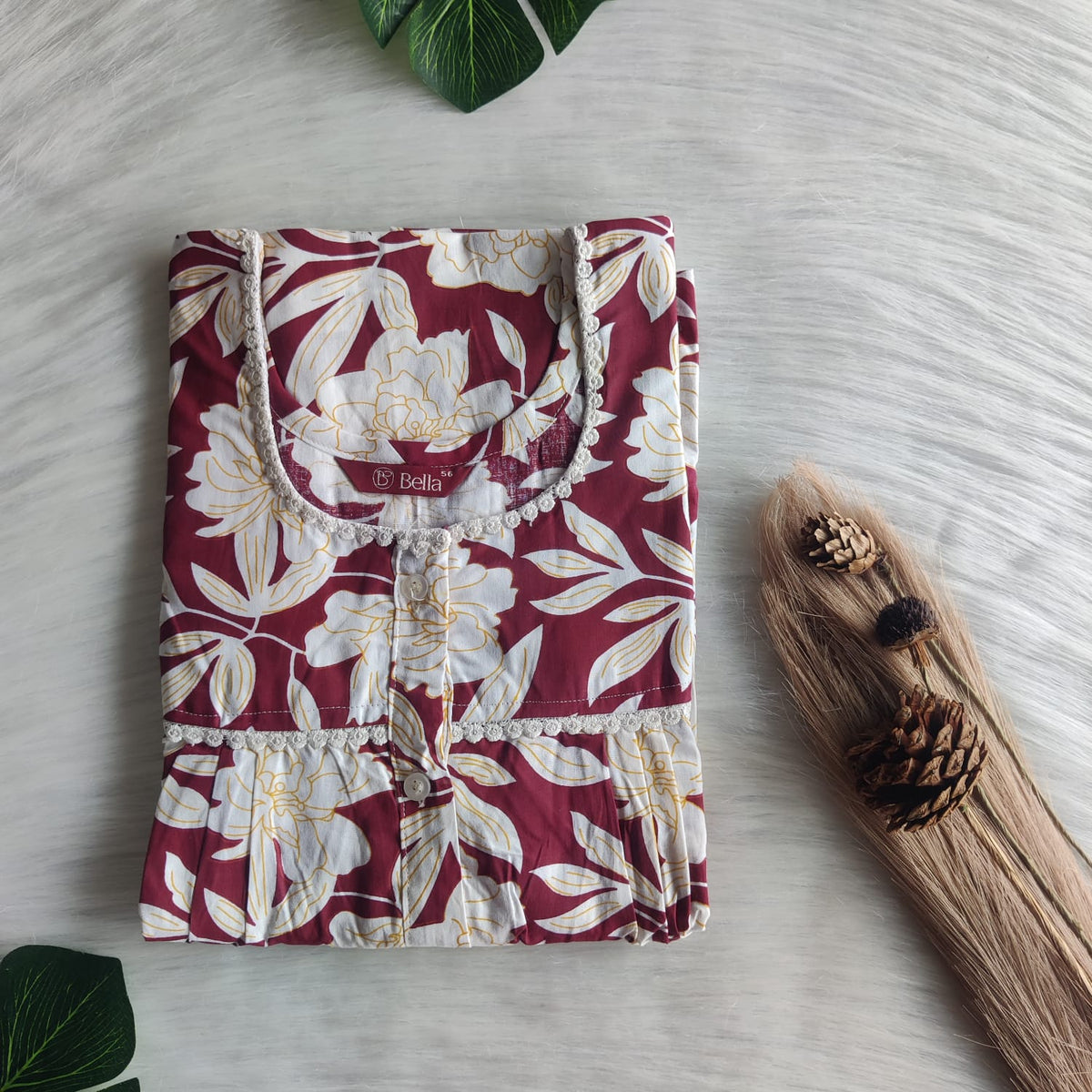 White Floral Printed Wine Premium Cotton Lace Button Nighty | Free Size | Chest Width 44"| Length 54"-56"