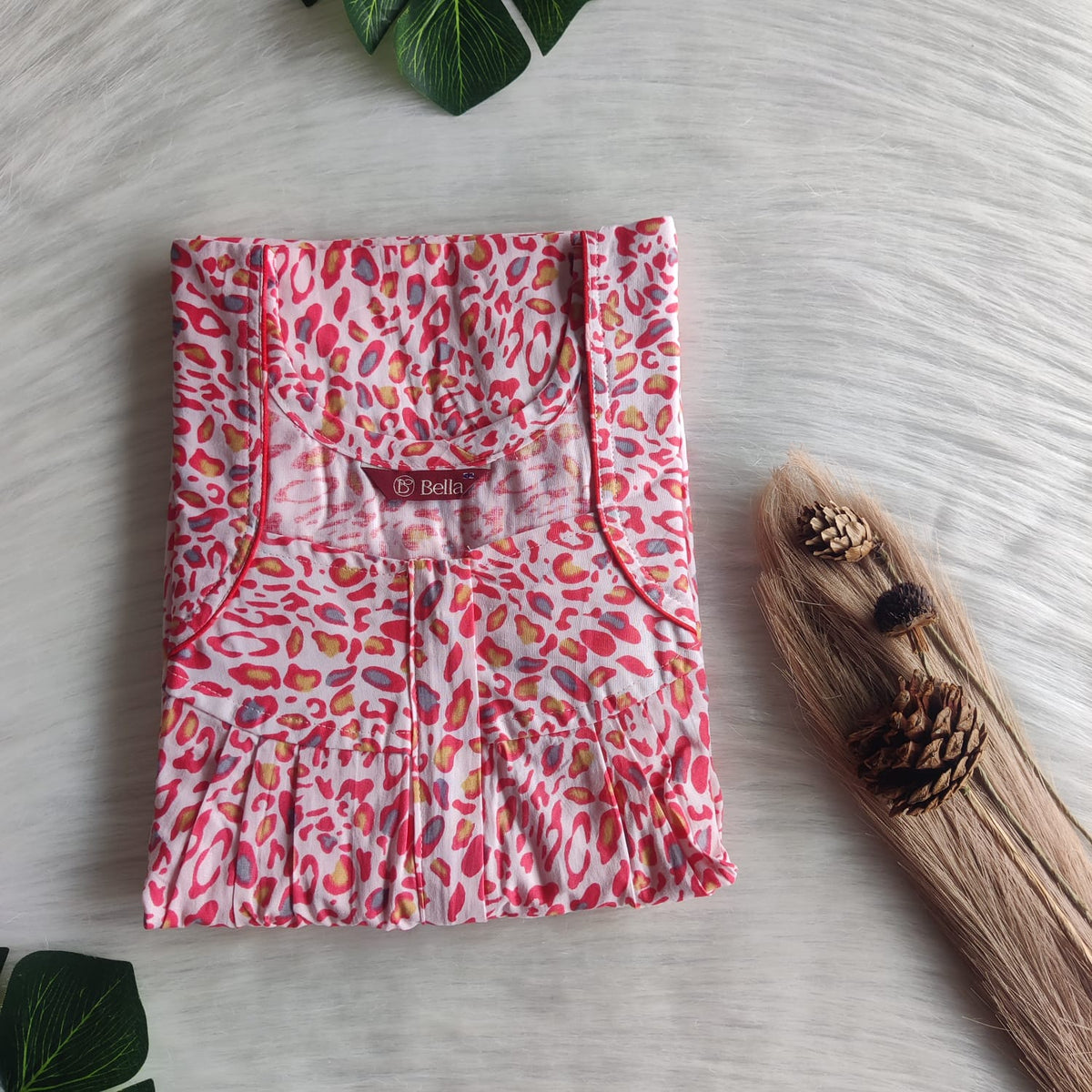 Red And Grey Printed White Premium Cotton Pleated Zip Nighty | Free Size | Chest Width 44″| Length 54″-55″