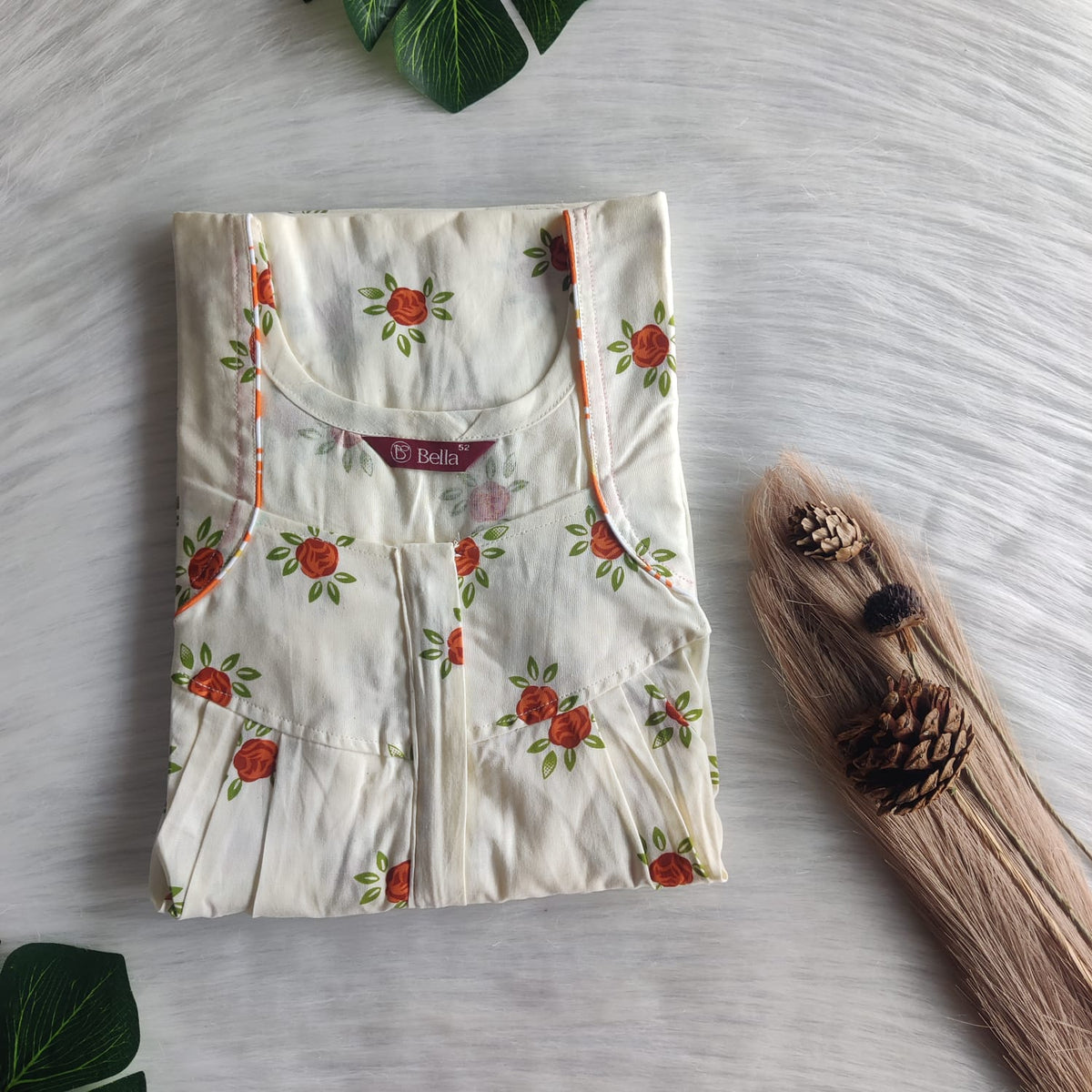 Brown Floral Printed Ivory Premium Cotton Pleated Zip Nighty | Free Size | Chest Width 44″| Length 54″-55″