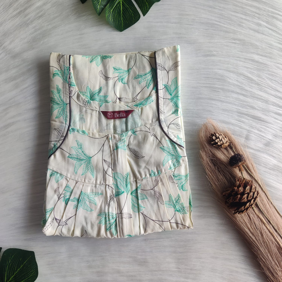 Green Floral Printed Ivory Premium Cotton Pleated Zip Nighty | Free Size | Chest Width 44″| Length 54″-55″