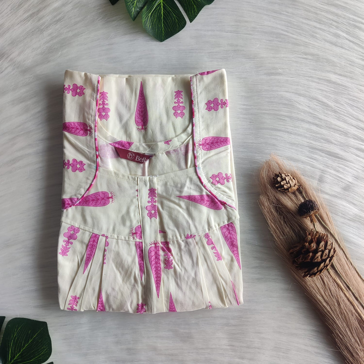 Pink Floral Printed Ivory Premium Cotton Pleated Zip Nighty | Free Size | Chest Width 44″| Length 54″-55″