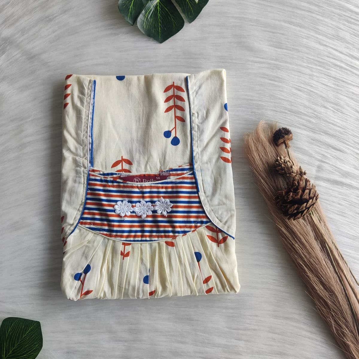 Blue Floral Ivory Printed Premium Cotton Three Flower Nighty |Free Size | Chest Width 44"| Length 54"-55"