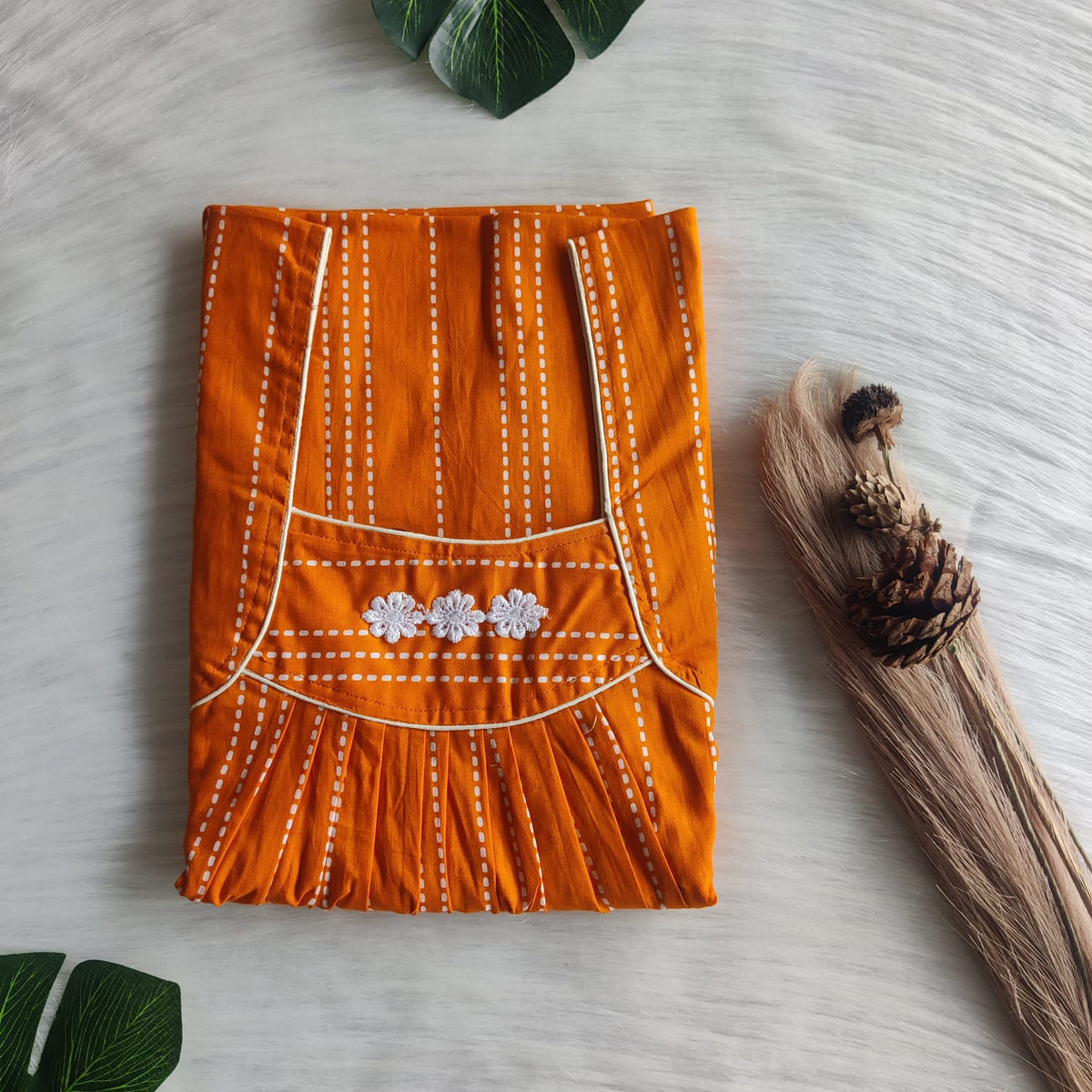 Marigold Orange Printed Premium Cotton Three Flower Nighty |Free Size | Chest Width 44"| Length 54"-55"