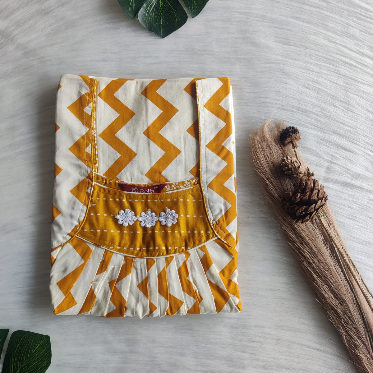 Mustard Yellow Zig Zag Printed Premium Cotton Three Flower Nighty |Free Size | Chest Width 44"| Length 54"-55"