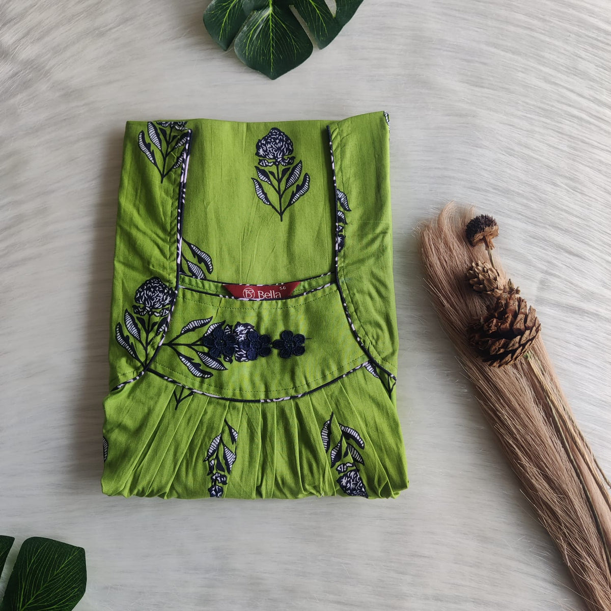 Pista Green Printed Premium Cotton Three Flower Nighty |Free Size | Chest Width 44"| Length 54"-55"