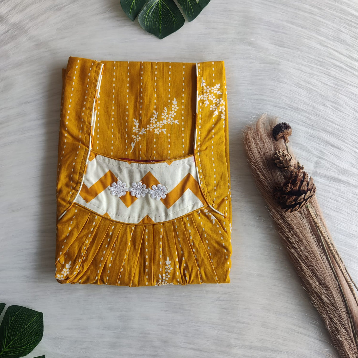 Mustard Yellow Printed Premium Cotton Three Flower Nighty |Free Size | Chest Width 44"| Length 54"-55"