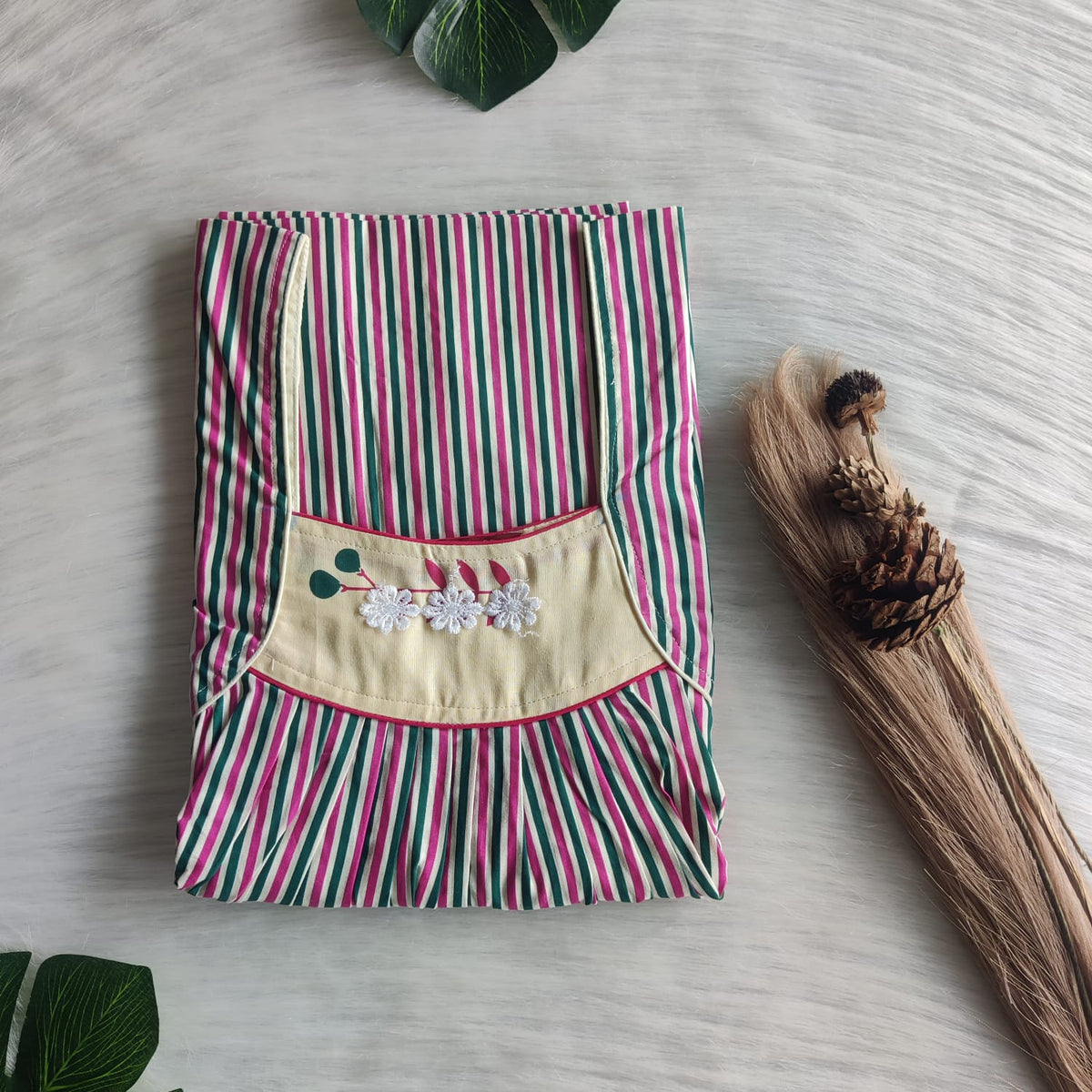 Green And Pink Stripes Printed Premium Cotton Three Flower Nighty |Free Size | Chest Width 44"| Length 54"-55"