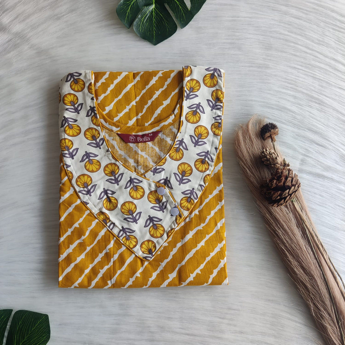 White And Mustard Yellow Printed Premium Cotton Side Button Nighty | Free Size | Chest Width 44″| Length 55″-56″