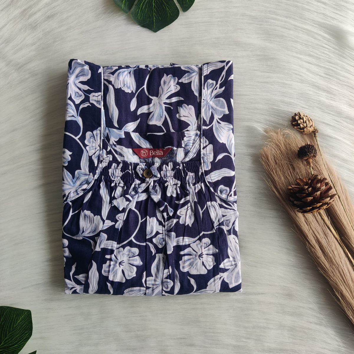 White Floral Printed Navy Blue Premium Cotton Front Elastic Pleated Nighty | Free Size | Chest Width 44″| Length 56″