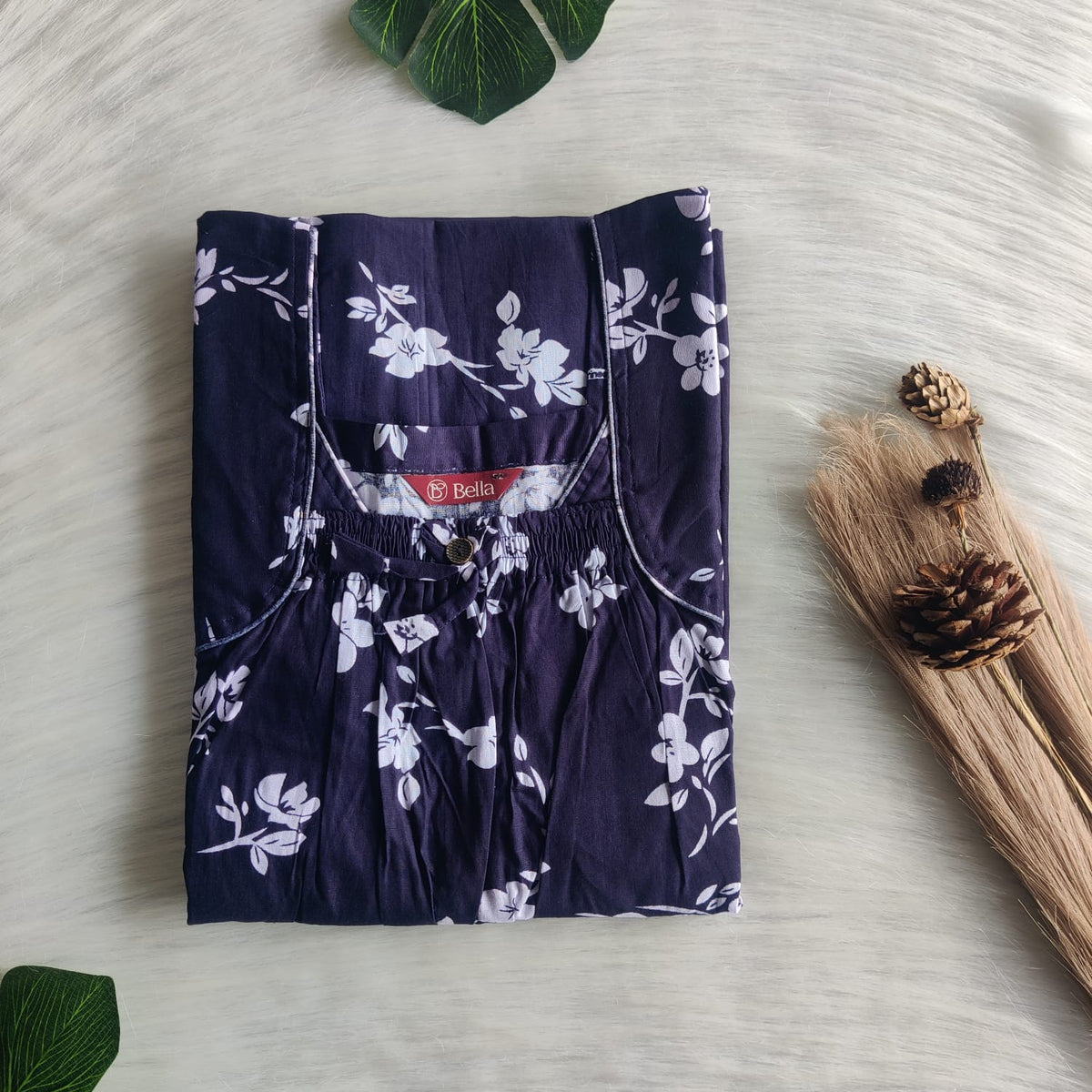 Navy Blue Floral Printed Premium Cotton Front Elastic Pleated Nighty | Free Size | Chest Width 44″| Length 56″