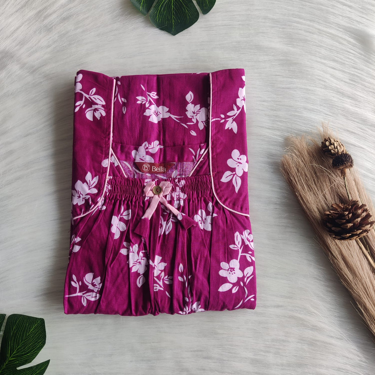 Dark Pink Floral Printed Premium Cotton Front Elastic Pleated Nighty | Free Size | Chest Width 44″| Length 56″