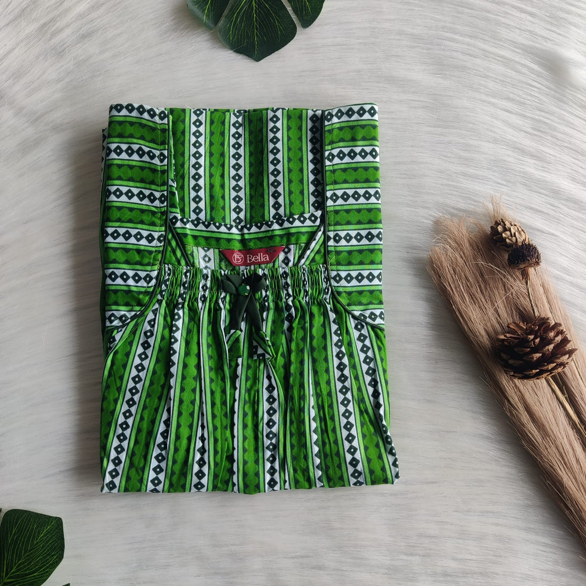 Green Printed Premium Cotton Front Elastic Pleated Nighty | Free Size | Chest Width 44″| Length 56″