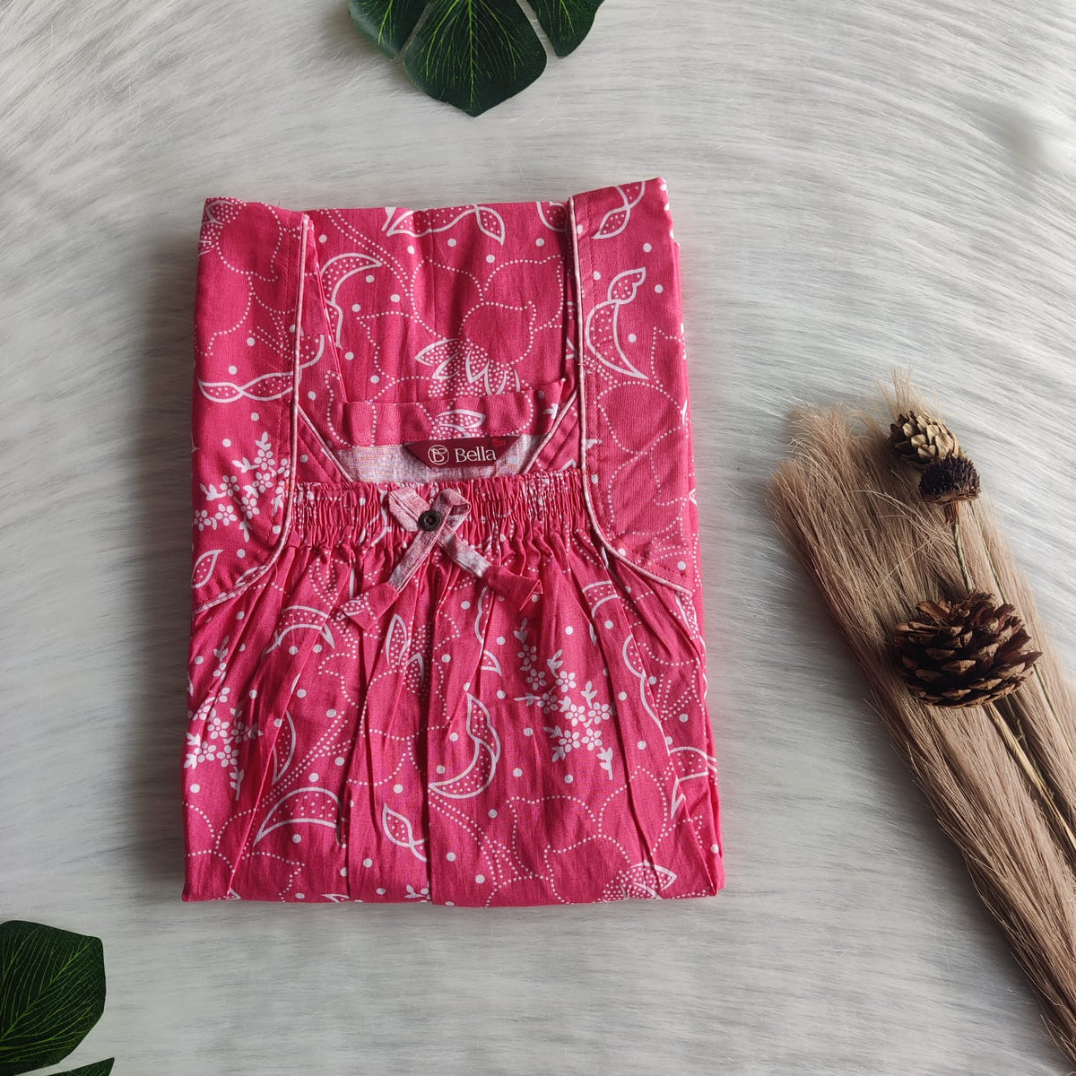 Pink Floral Printed Premium Cotton Front Elastic Pleated Nighty | Free Size | Chest Width 44″| Length 56″