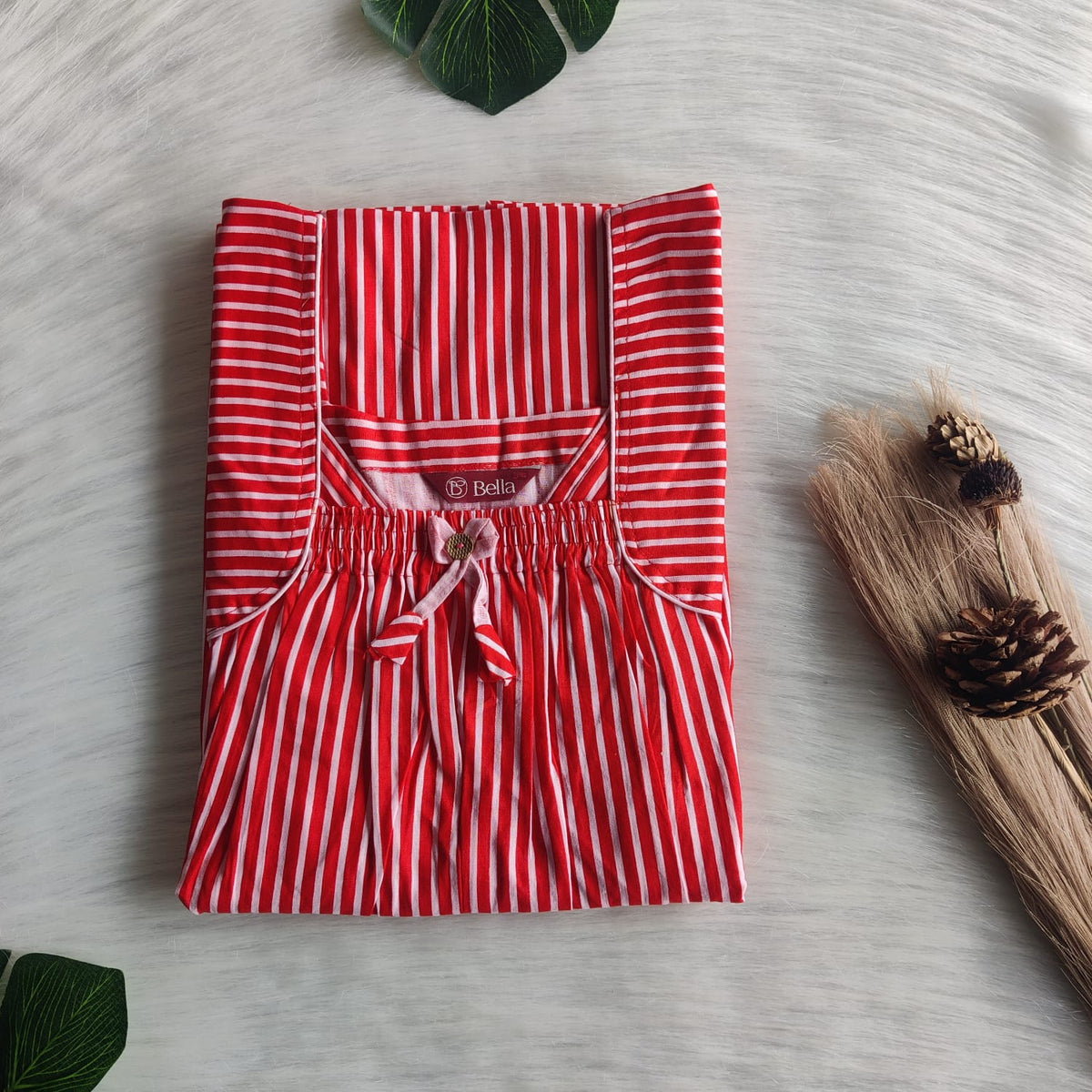 Red Stripes Printed Premium Cotton Front Elastic Pleated Nighty | Free Size | Chest Width 44″| Length 56″