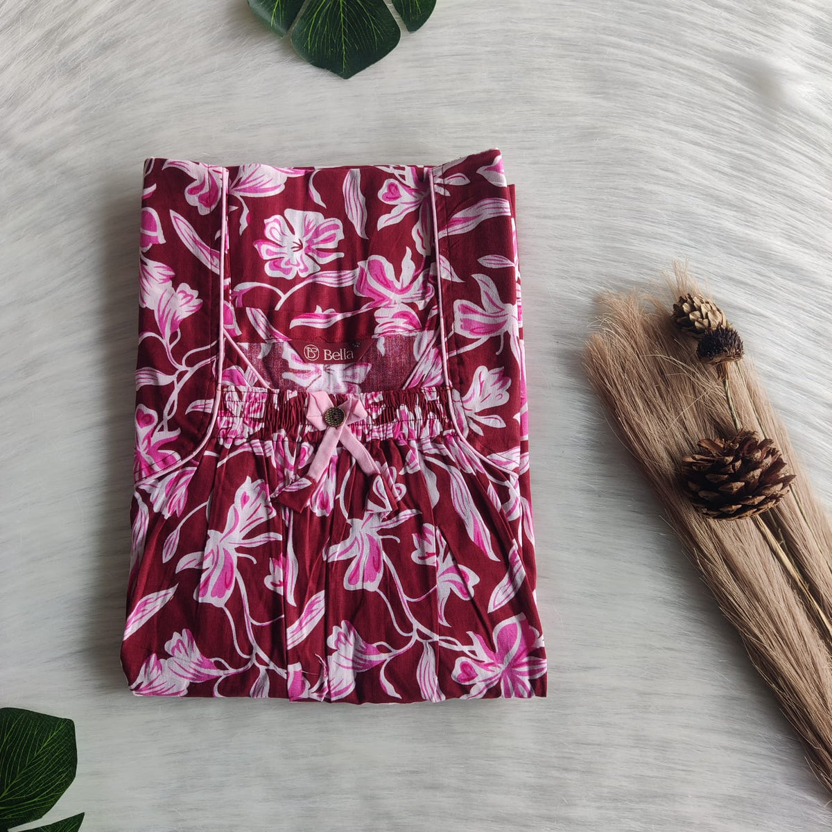 White Floral Printed Maroon Premium Cotton Front Elastic Pleated Nighty | Free Size | Chest Width 44″| Length 56″