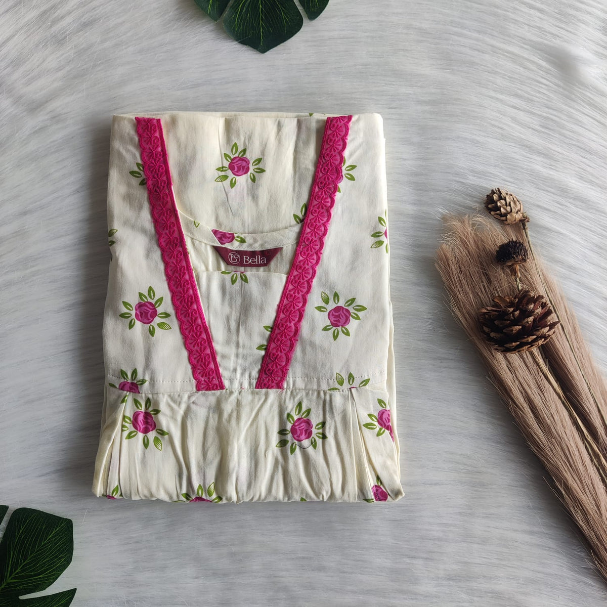 Pink Blossom Printed Premium Cotton Two Side Vertical Lace Zip Feeding Nighty | Free Size | Chest Width 44″| Length 56″
