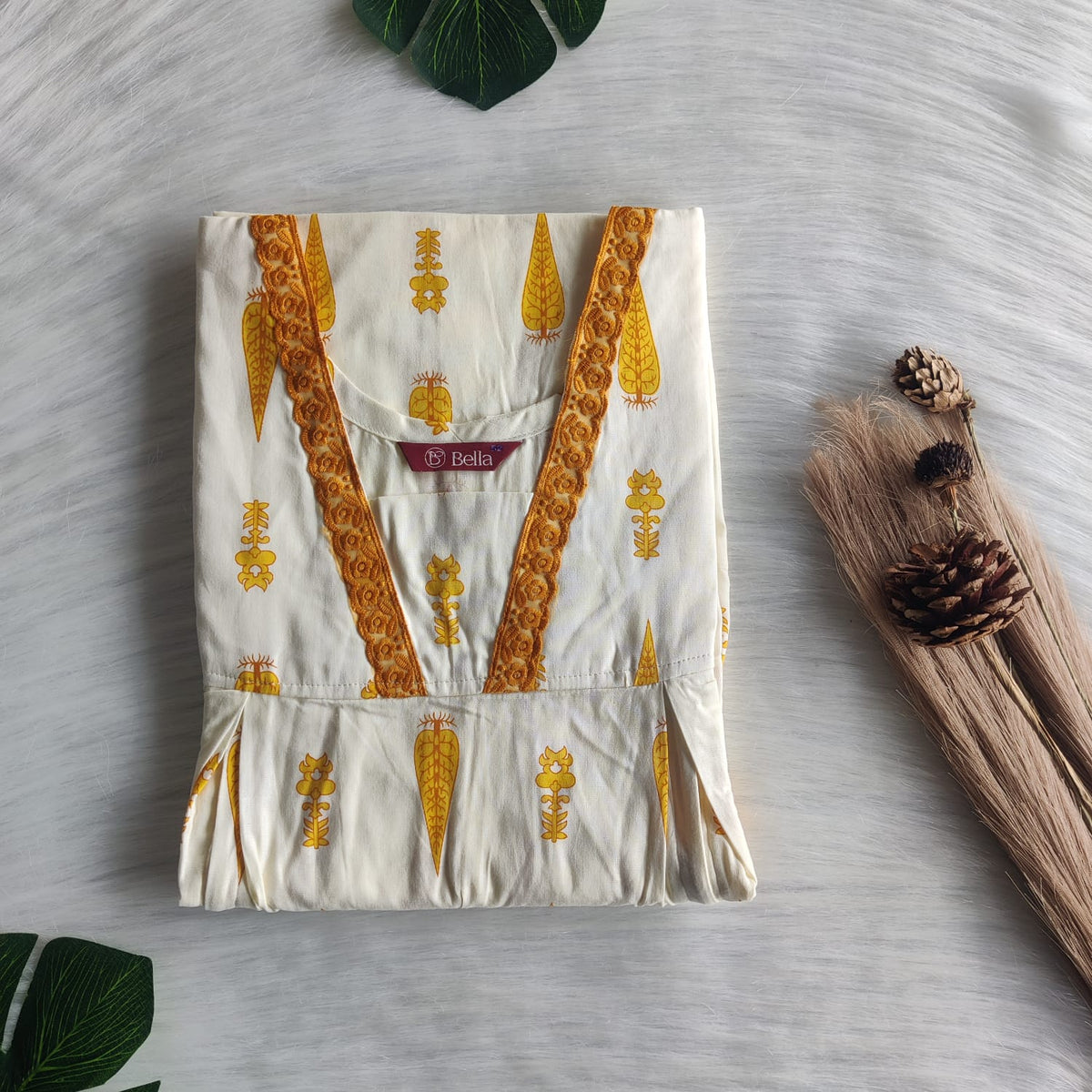 Yellow Leaf Printed Ivory Premium Cotton Two Side Vertical Lace Zip Feeding Nighty | Free Size | Chest Width 44″| Length 56″