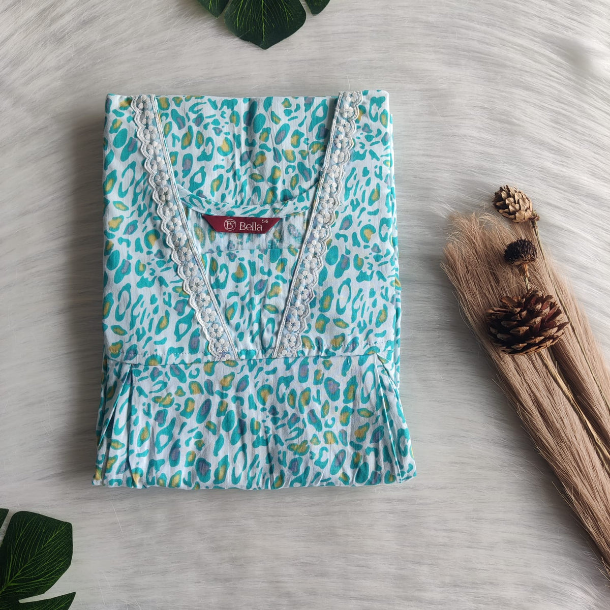 Aqua Blue Printed Premium Cotton Two Side Vertical Lace Zip Feeding Nighty | Free Size | Chest Width 44″| Length 56″