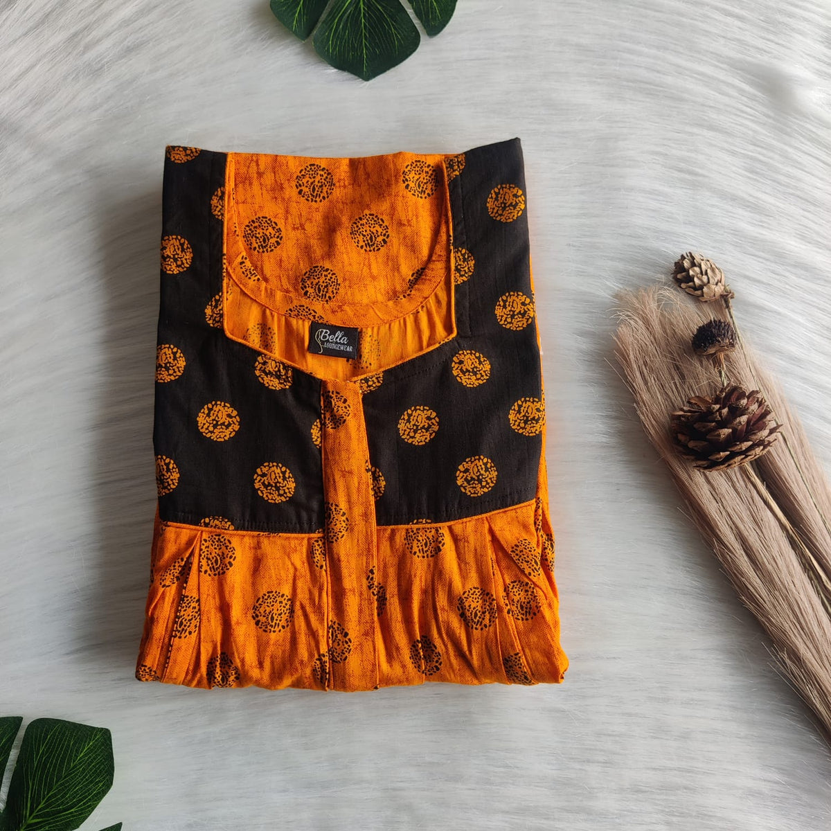 Black And Orange Printed Premium Cotton Pleated Vertical Zip Feeding Nighty | Free Size | Chest Width 44″| Length 54″-56″