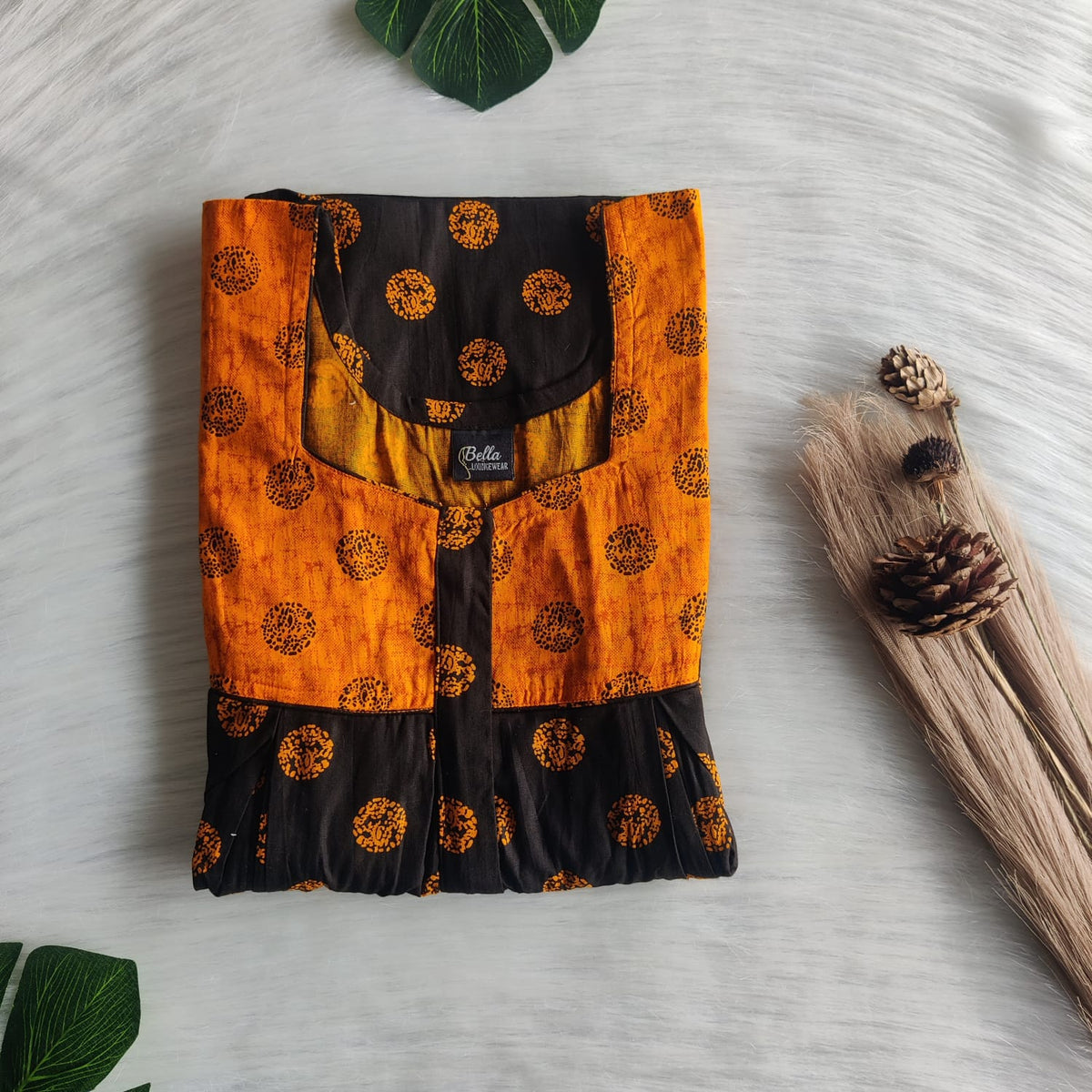 Orange And Black Printed Premium Cotton Pleated Vertical Zip Feeding Nighty | Free Size | Chest Width 44″| Length 54″-56″