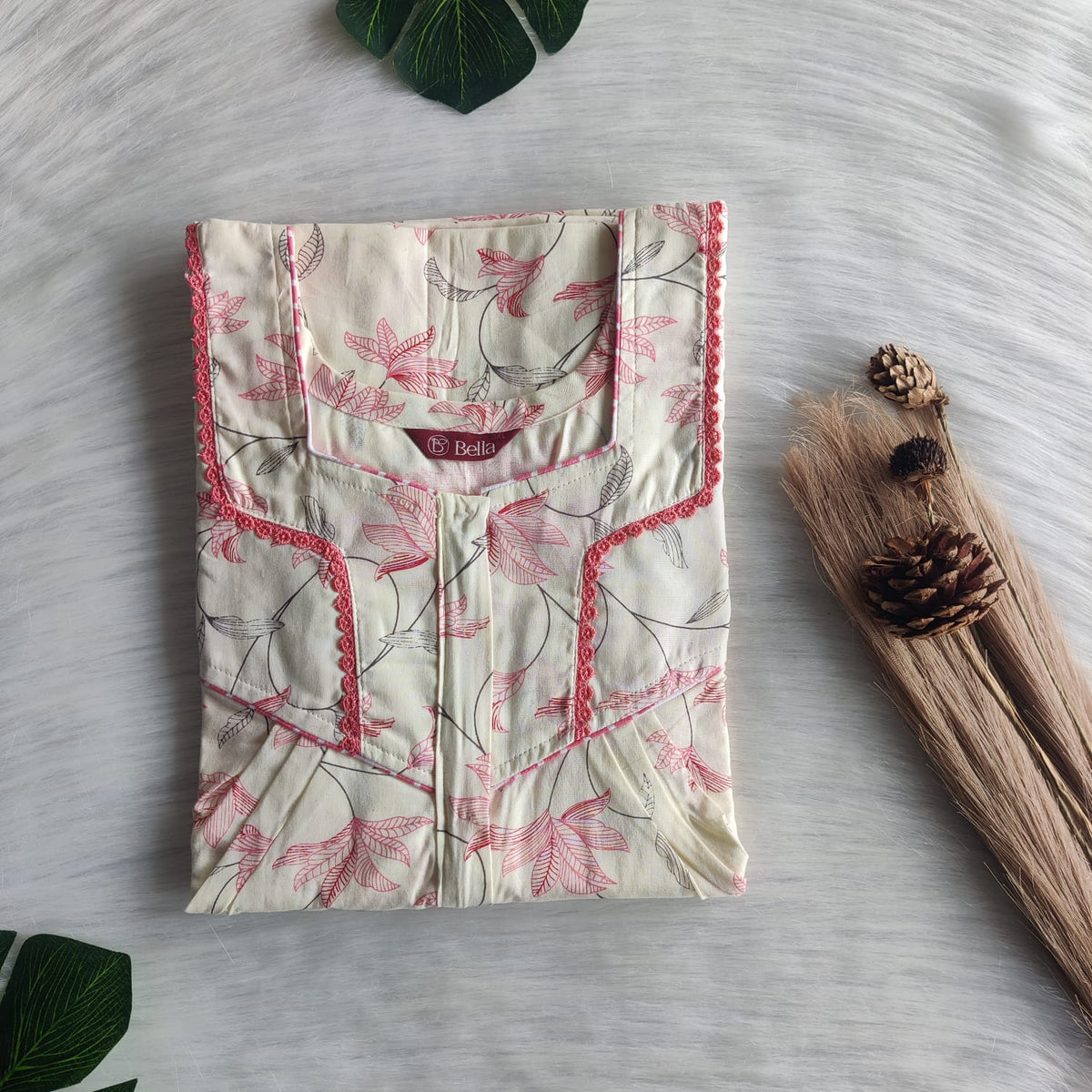 Red Floral Printed Ivory Printed Premium Cotton Long Zip Lace Feeding Nighty | Free Size | Chest Width 44″| Length 56″
