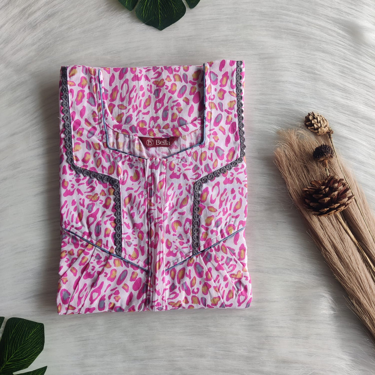 Pink Printed Premium Cotton Long Zip Lace Feeding Nighty | Free Size | Chest Width 44″| Length 56″