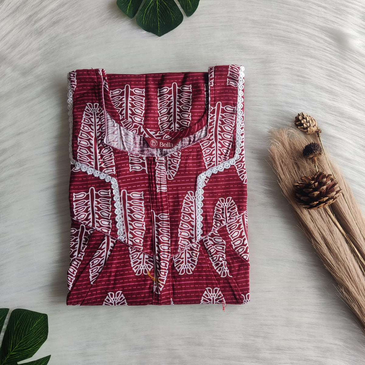 Maroon Printed Premium Cotton Long Zip Lace Feeding Nighty | Free Size | Chest Width 44″| Length 56″