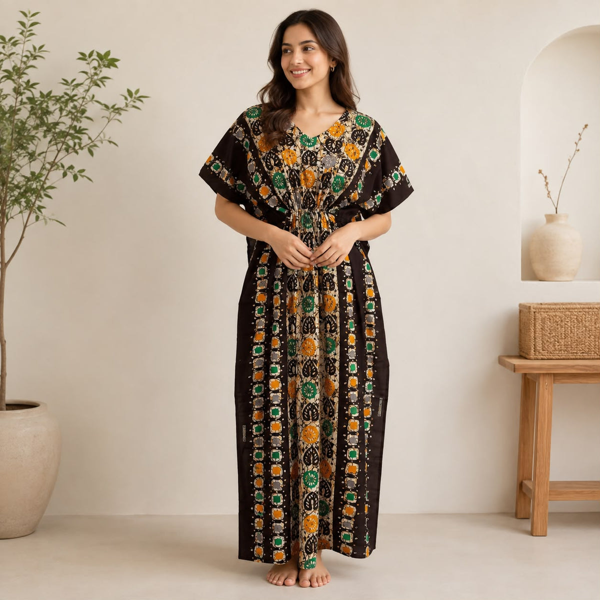 Coffee Brown Ajrakh Printed Premium Cotton Feeding Kaftan | Free Size | Chest Width 44″| Length 56″