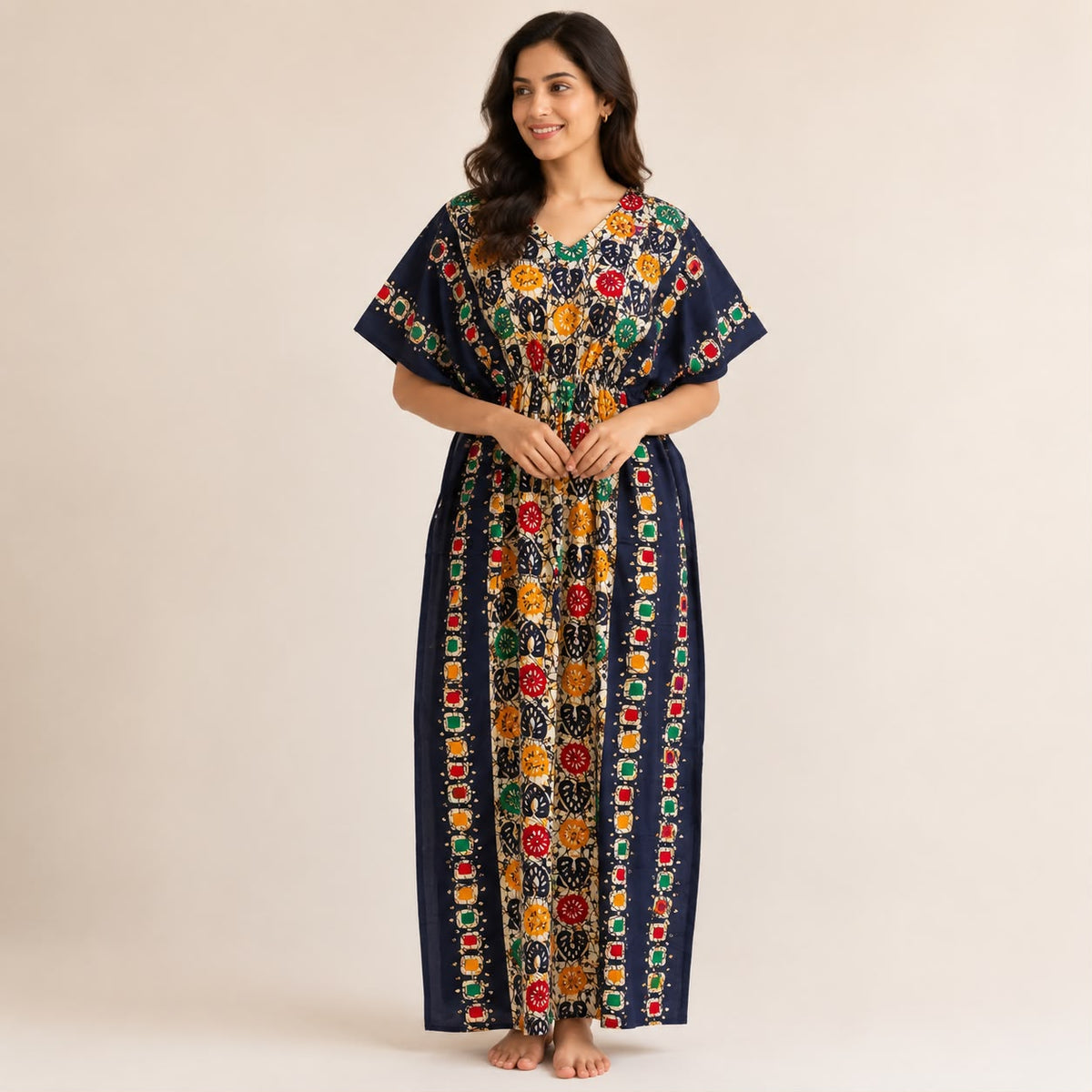 Navy-Blue Ajrakh Printed Premium Cotton Feeding Kaftan | Free Size | Chest Width 44″| Length 56″