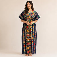 Navy-Blue Ajrakh Printed Premium Cotton Feeding Kaftan | Free Size | Chest Width 44″| Length 56″