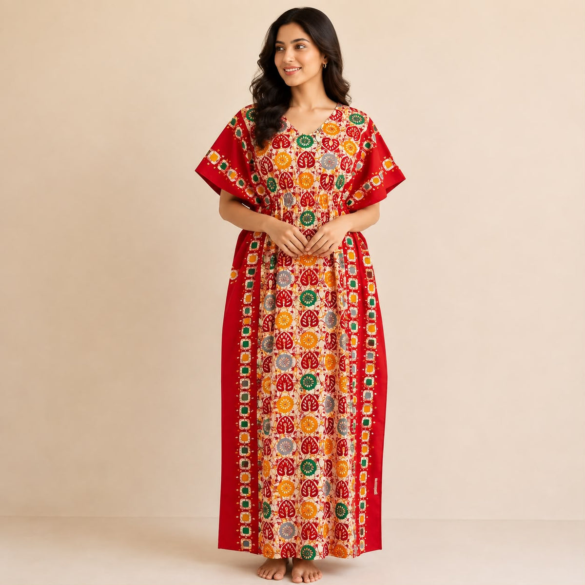 Red Ajrakh Printed Premium Cotton Feeding Kaftan | Free Size | Chest Width 44″| Length 56″