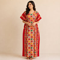 Red Ajrakh Printed Premium Cotton Feeding Kaftan | Free Size | Chest Width 44″| Length 56″