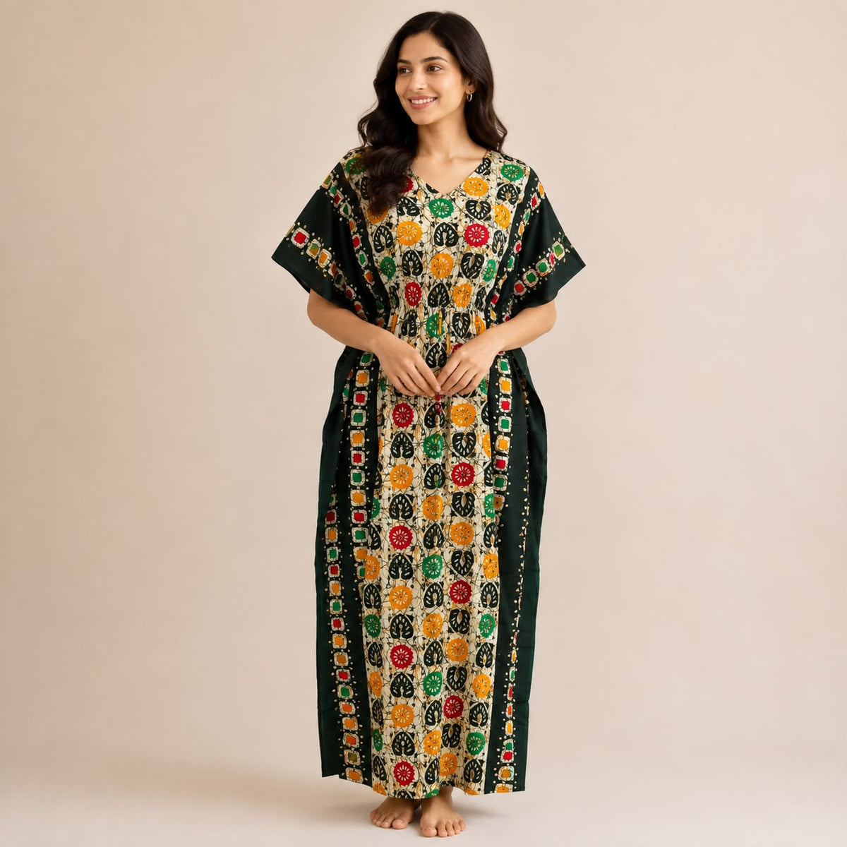 Green Ajrakh Printed Premium Cotton Feeding Kaftan | Free Size | Chest Width 44″| Length 56″